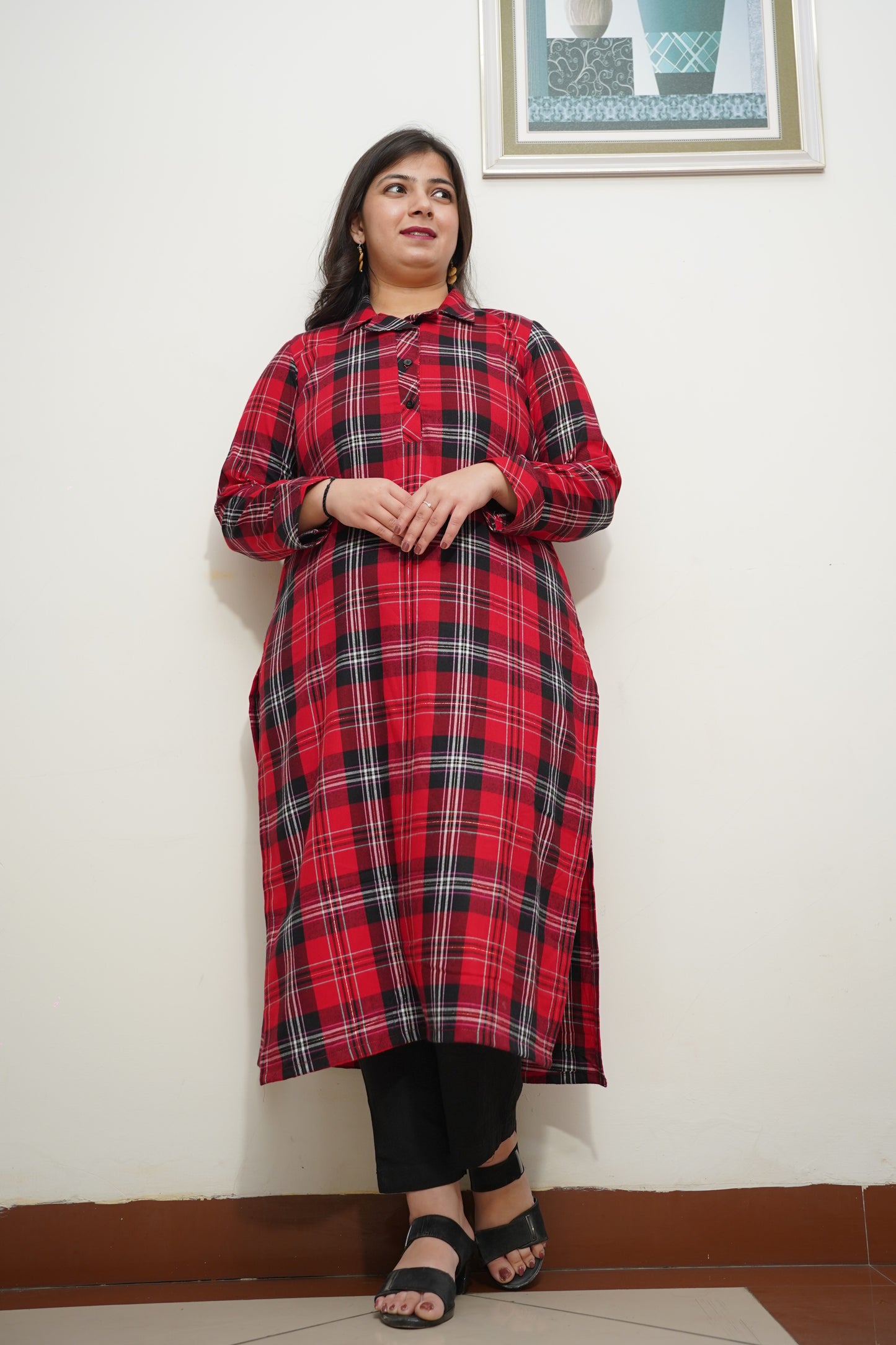 Fiery Red Checked Kurta Set