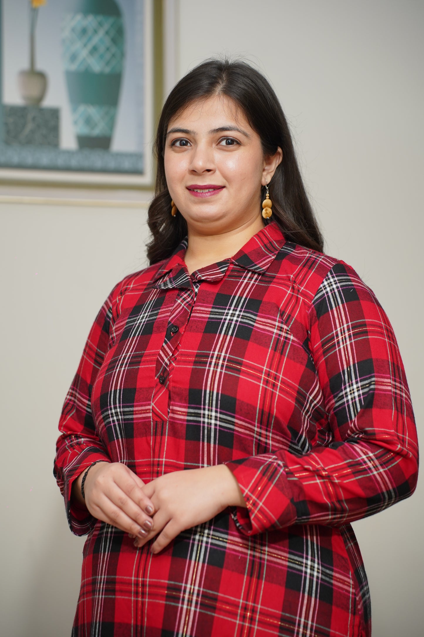 Fiery Red Checked Kurta Set