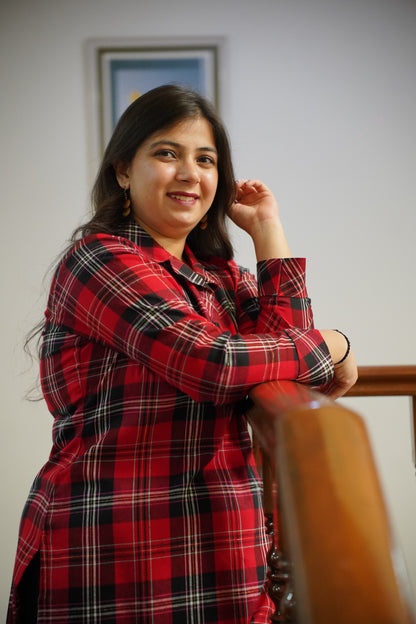 Fiery Red Checked Kurta Set