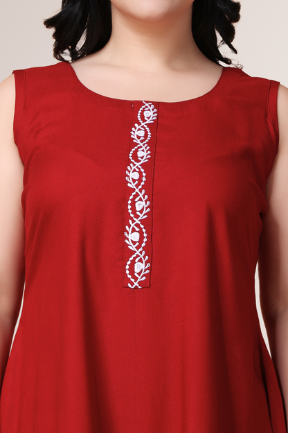 Red Detailed Rayon Short Nighty