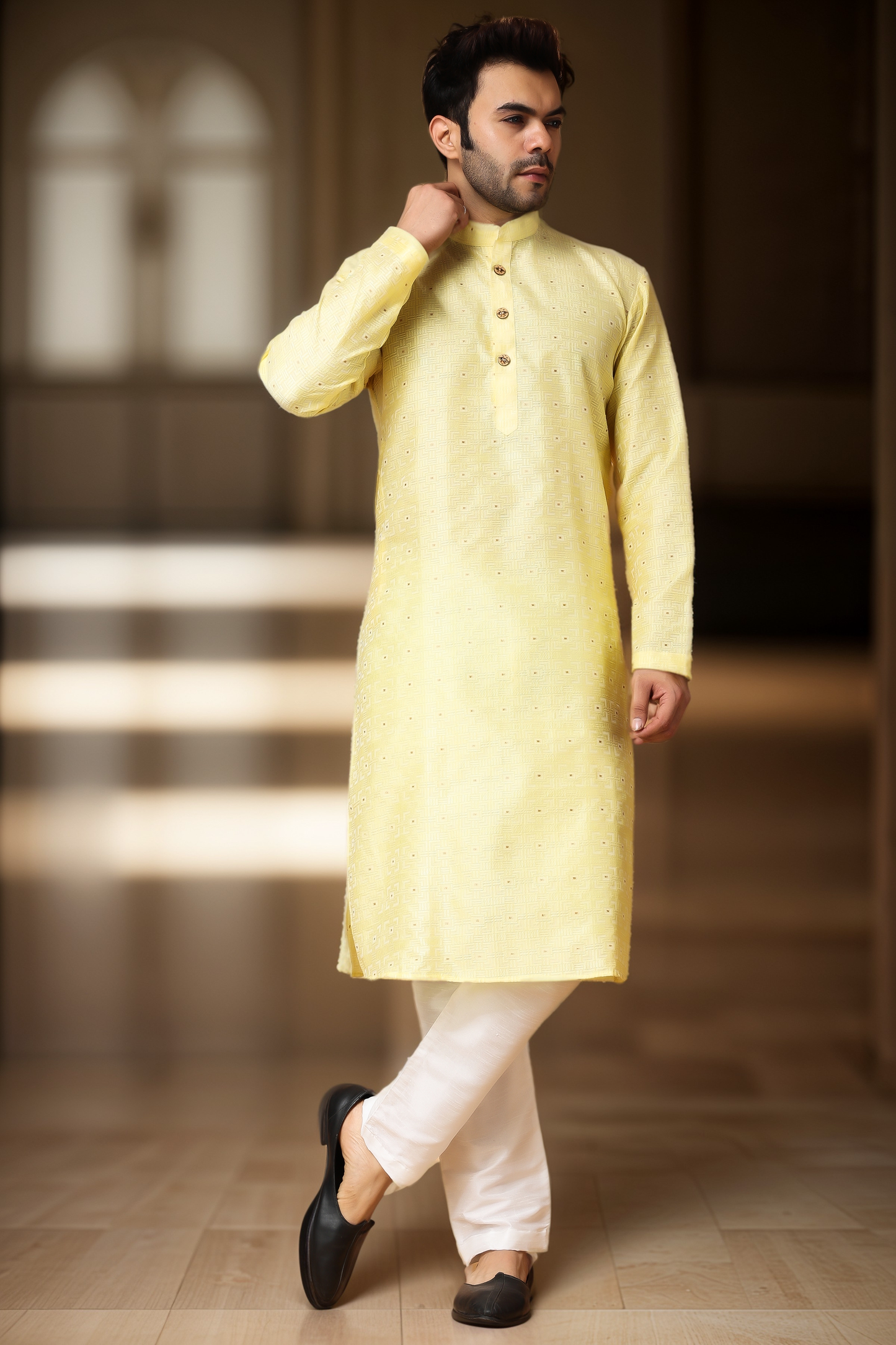 Subtle Yellow Jacquard Kurta Pajama