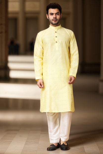 Subtle Yellow Jacquard Kurta Pajama