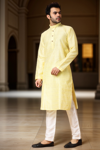 Subtle Yellow Jacquard Kurta Pajama