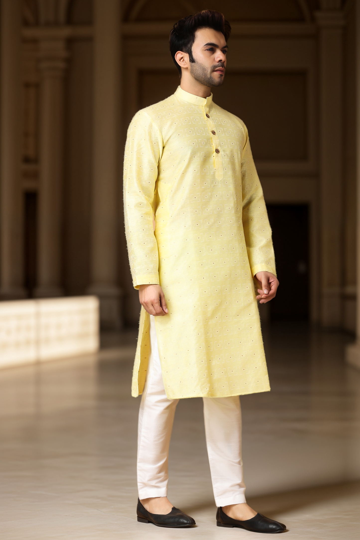 Subtle Yellow Jacquard Kurta Pajama