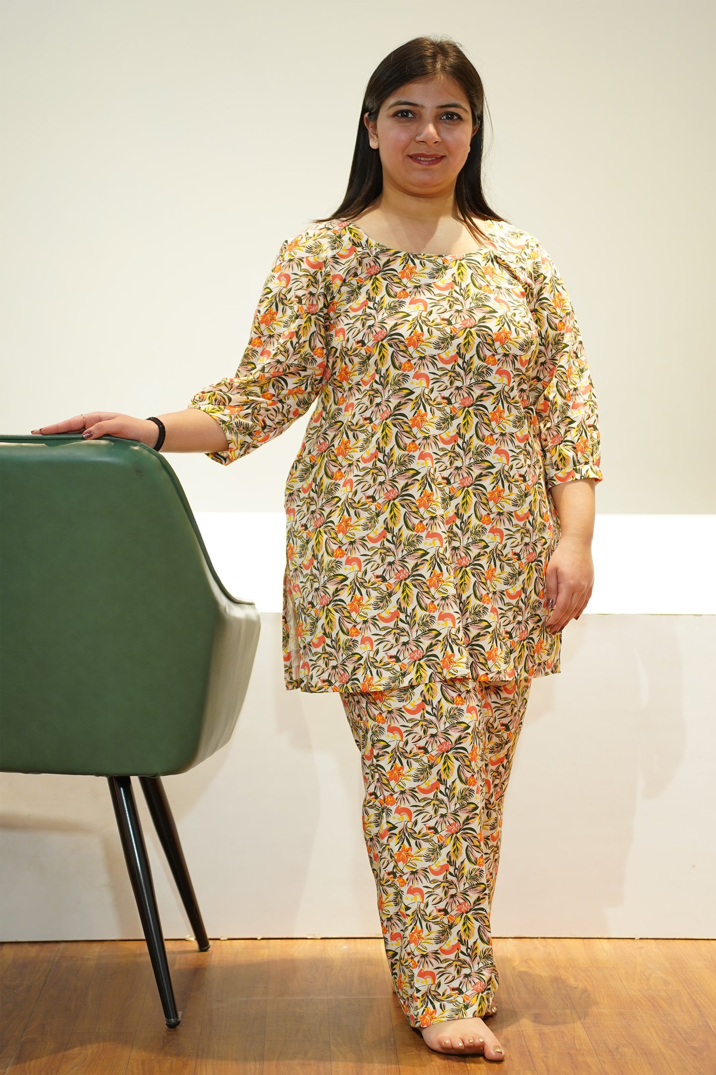 Peachy Floral Rayon Night Suit