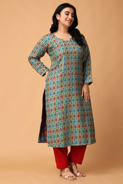 Pista Green Woolen Kurta Set For Ladies