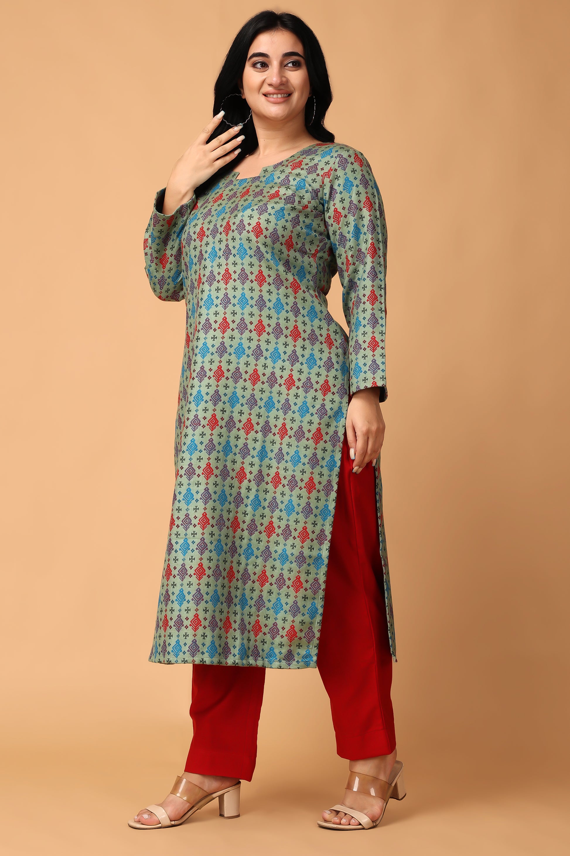 Pista Green Woolen Kurta Set For Ladies