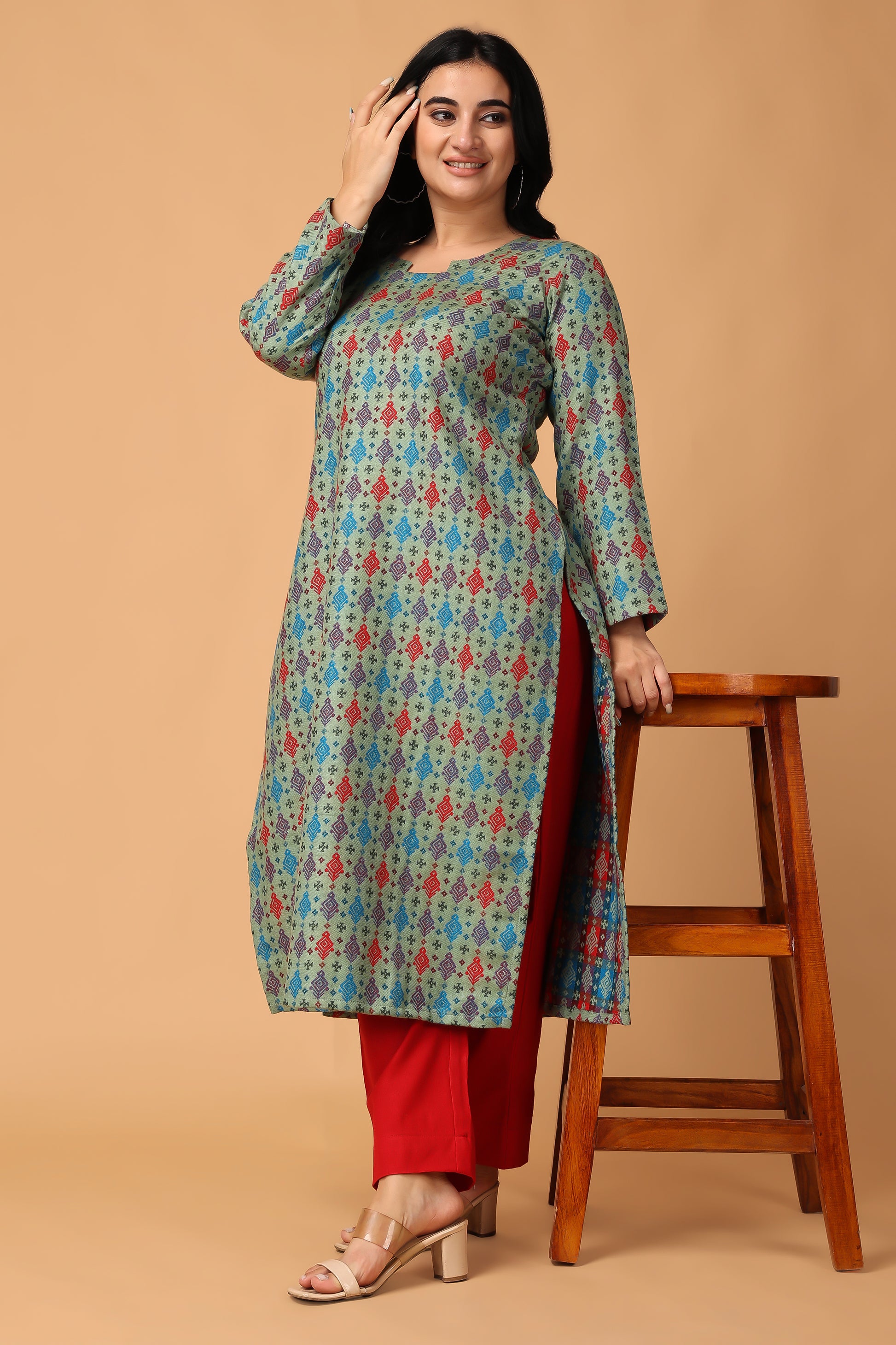 Pista Green Woolen Kurta Set For Ladies