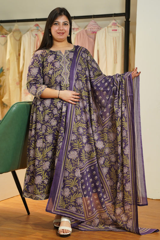 Purple Kalamkari Cotton Anarkali Set