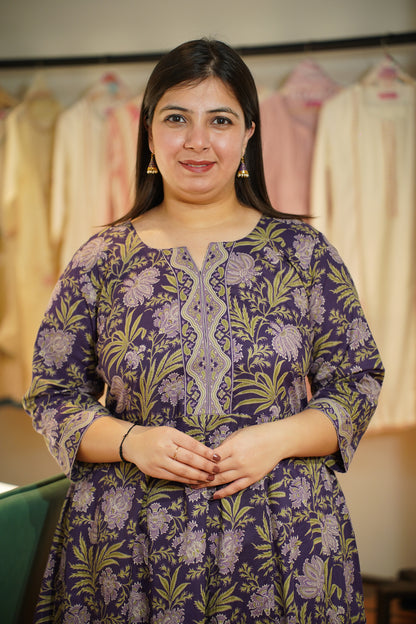 Purple Kalamkari Cotton Anarkali Set