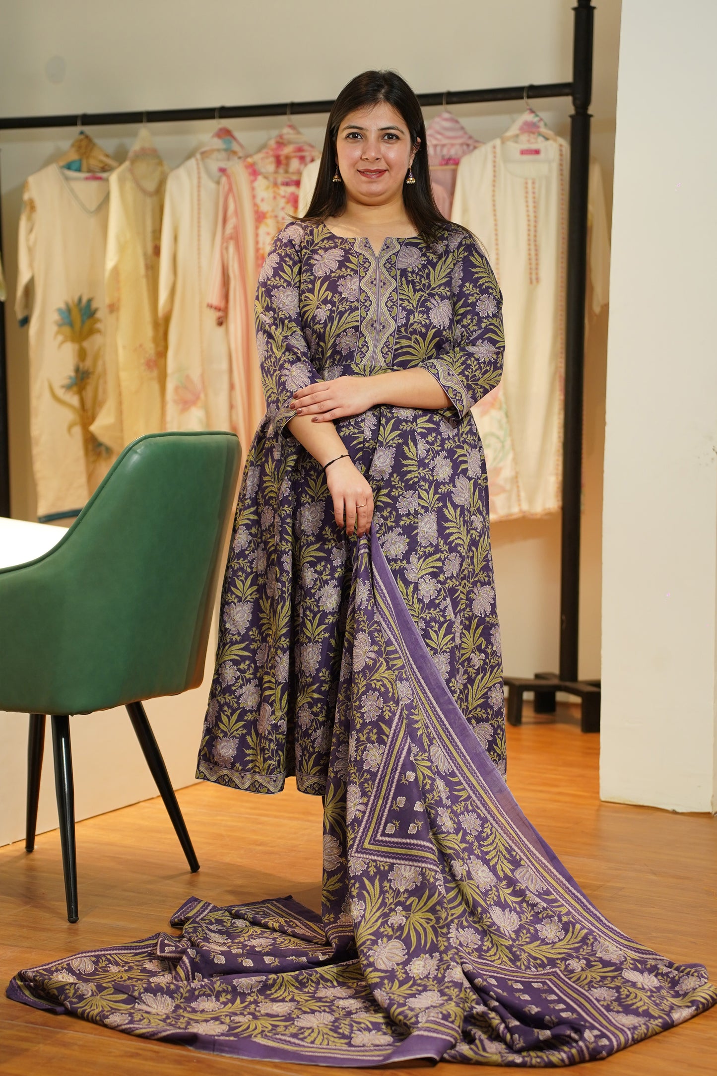 Purple Kalamkari Cotton Anarkali Set