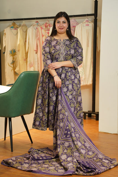 Purple Kalamkari Cotton Anarkali Set