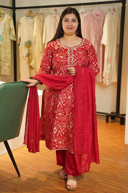 Ruhani Red Muslin Suit Set