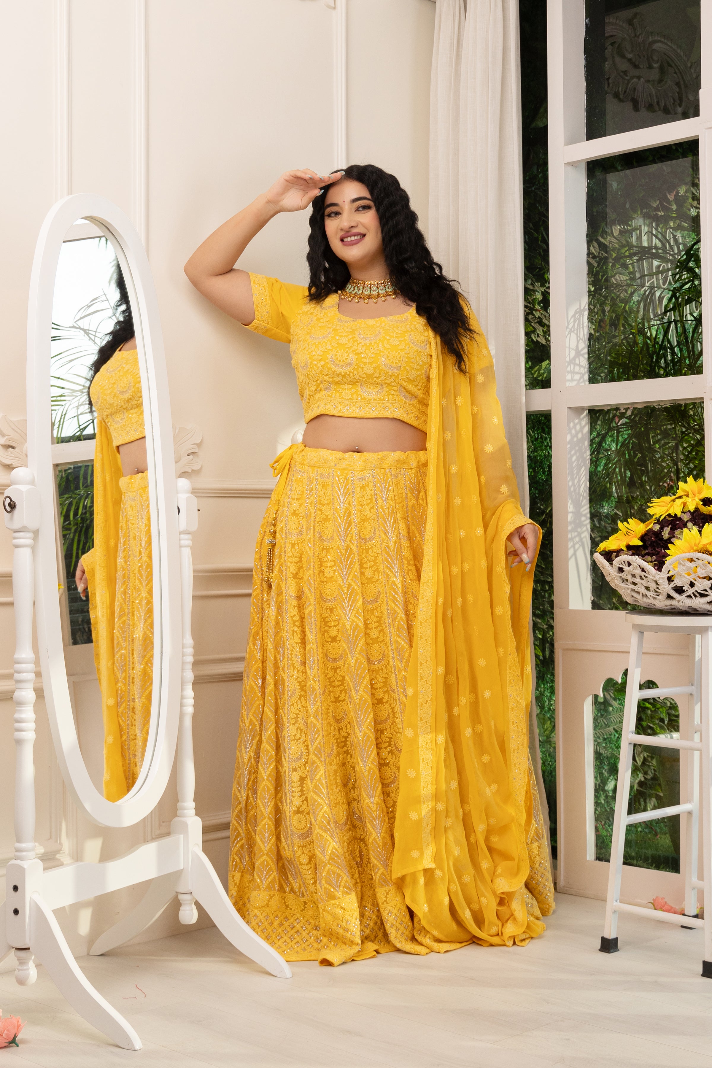 Neon Yellow Net Embroidered Lehenga Set Design by Seema Gujral at Pernia's  Pop Up Shop 2024