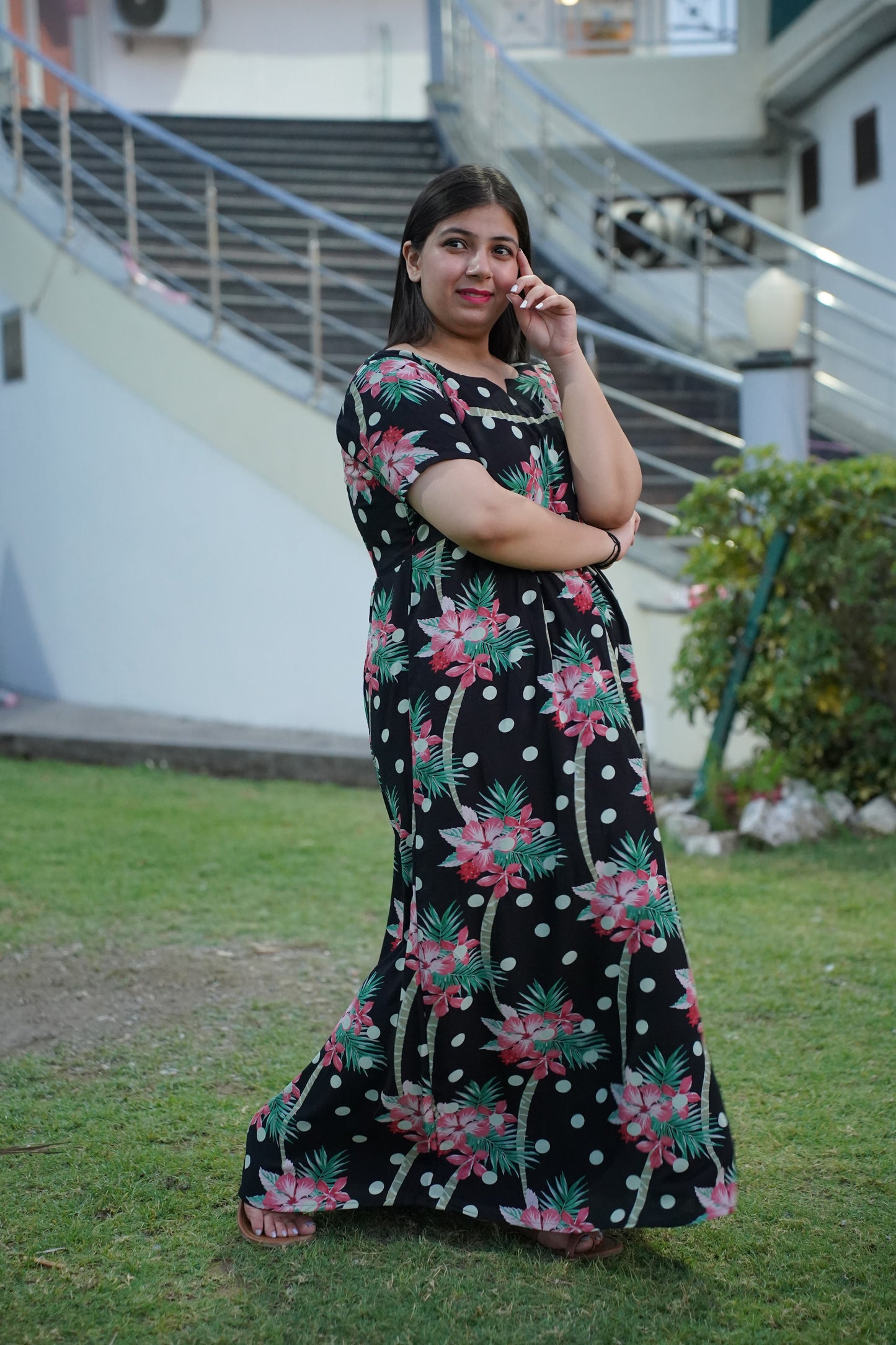 Black Polka Floral Night Gown