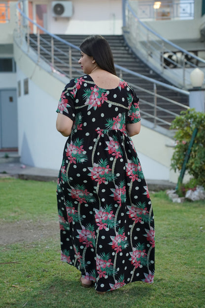 Black Polka Floral Night Gown