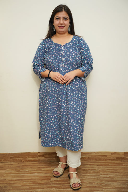 Blue Floral Corduroy Kurta