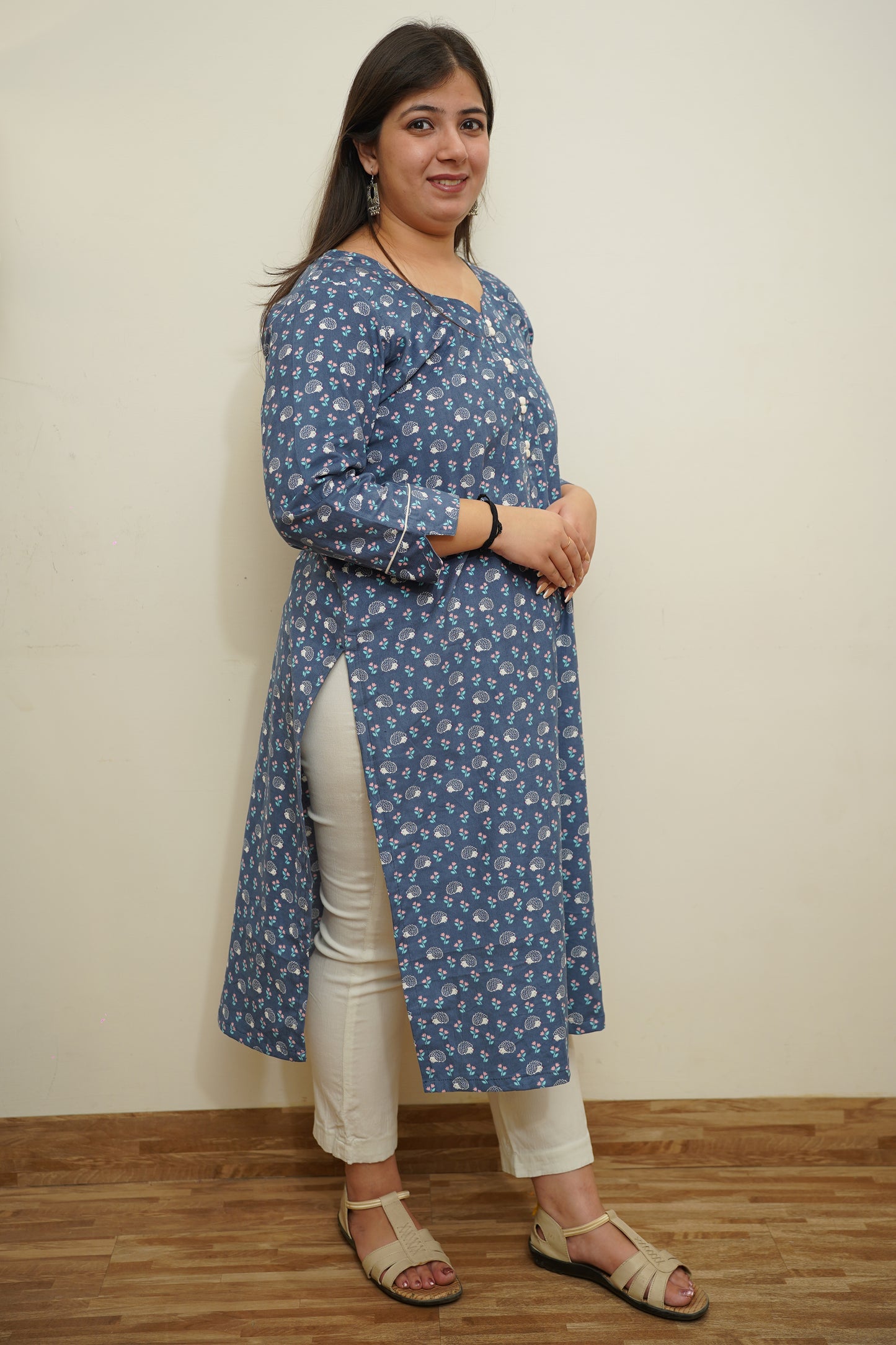 Blue Floral Corduroy Kurta