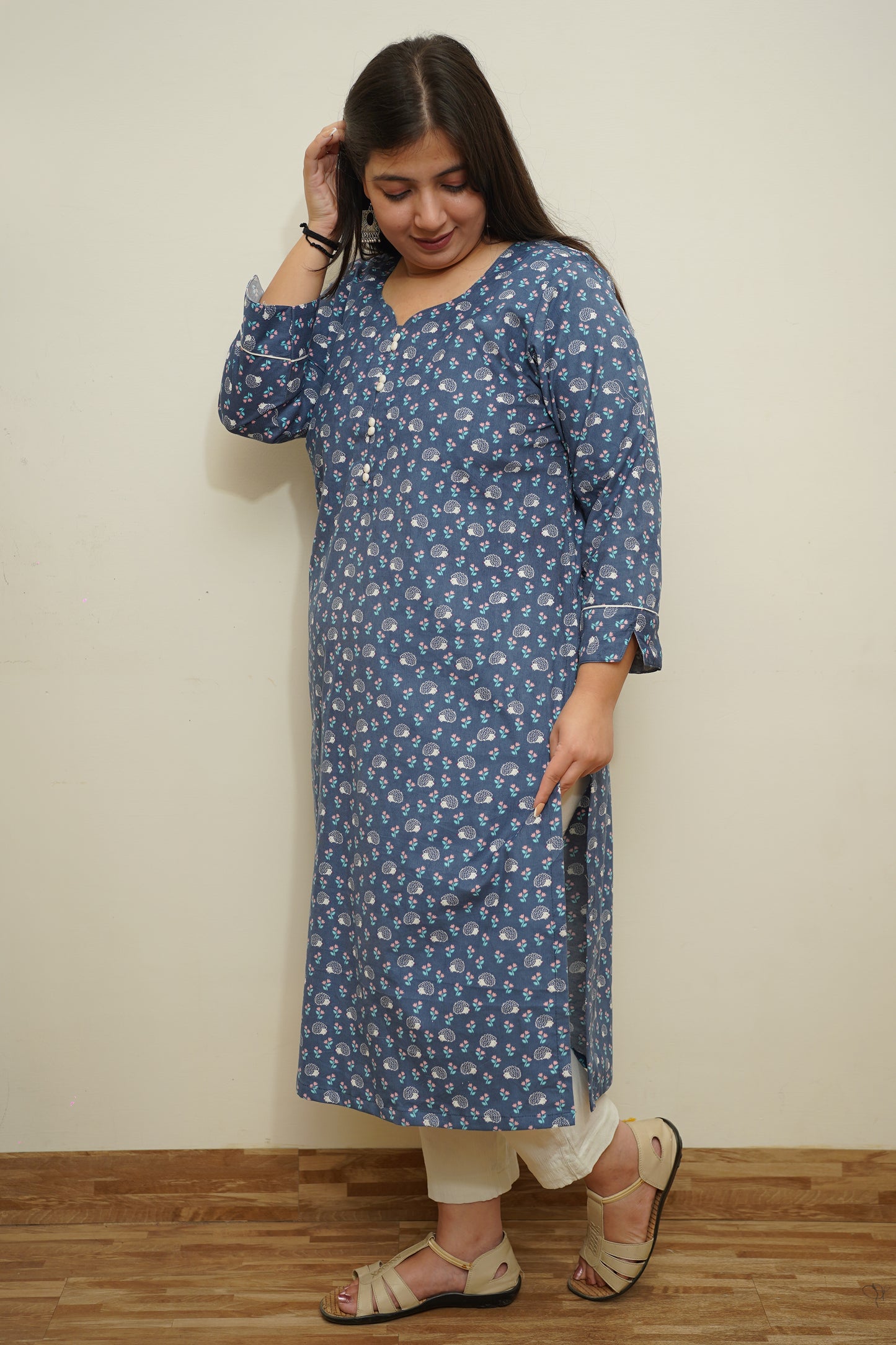 Blue Floral Corduroy Kurta