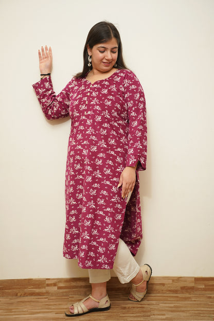 Wine Floral Corduroy Kurta