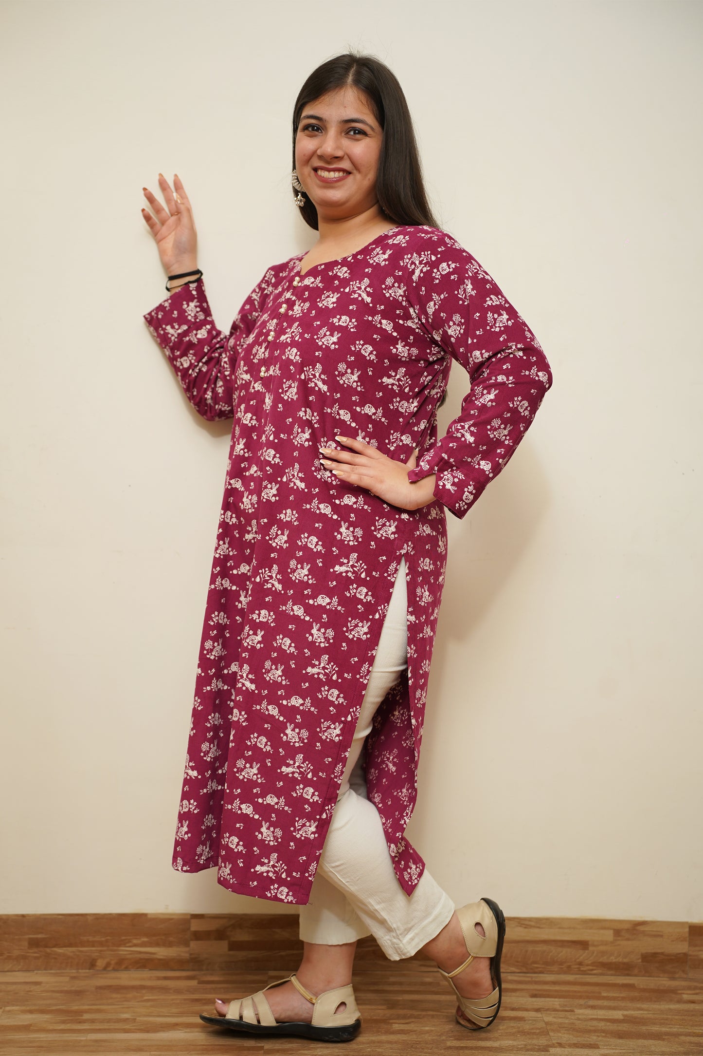 Wine Floral Corduroy Kurta