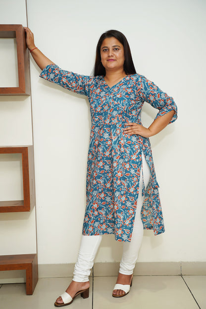 Blue Block Printed Cotton Kurta