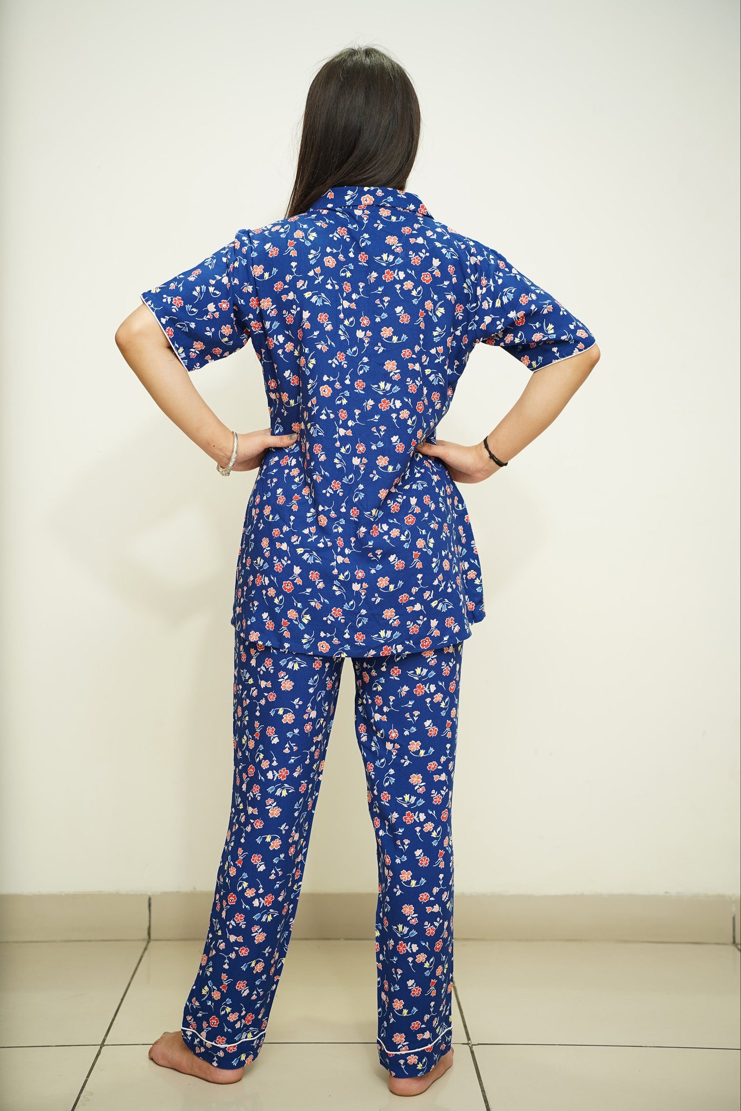 Blue Floral Rayon Night Suit