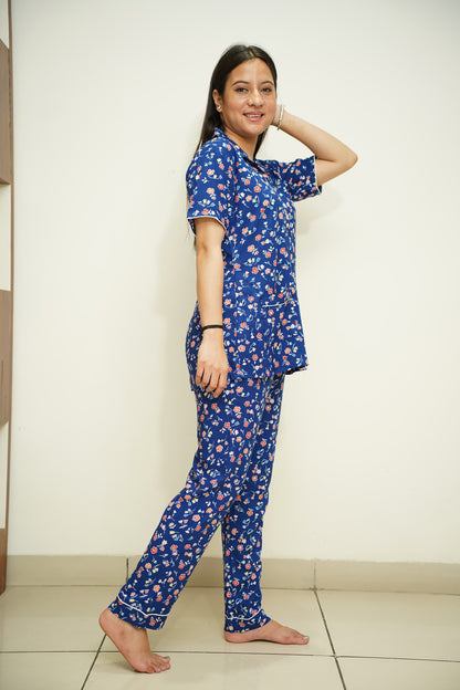 Blue Floral Rayon Night Suit