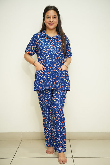 Blue Floral Rayon Night Suit