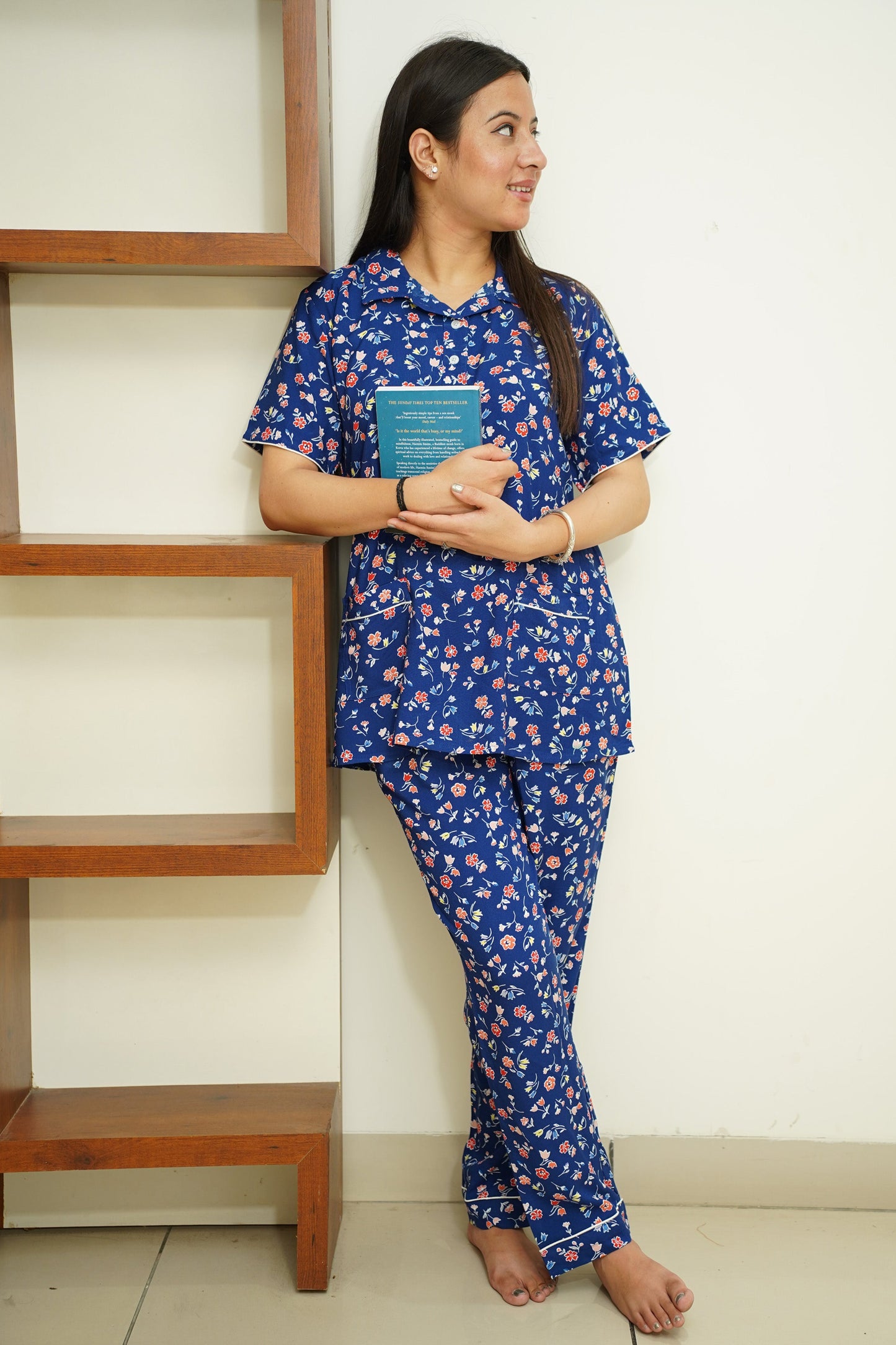 Blue Floral Rayon Night Suit