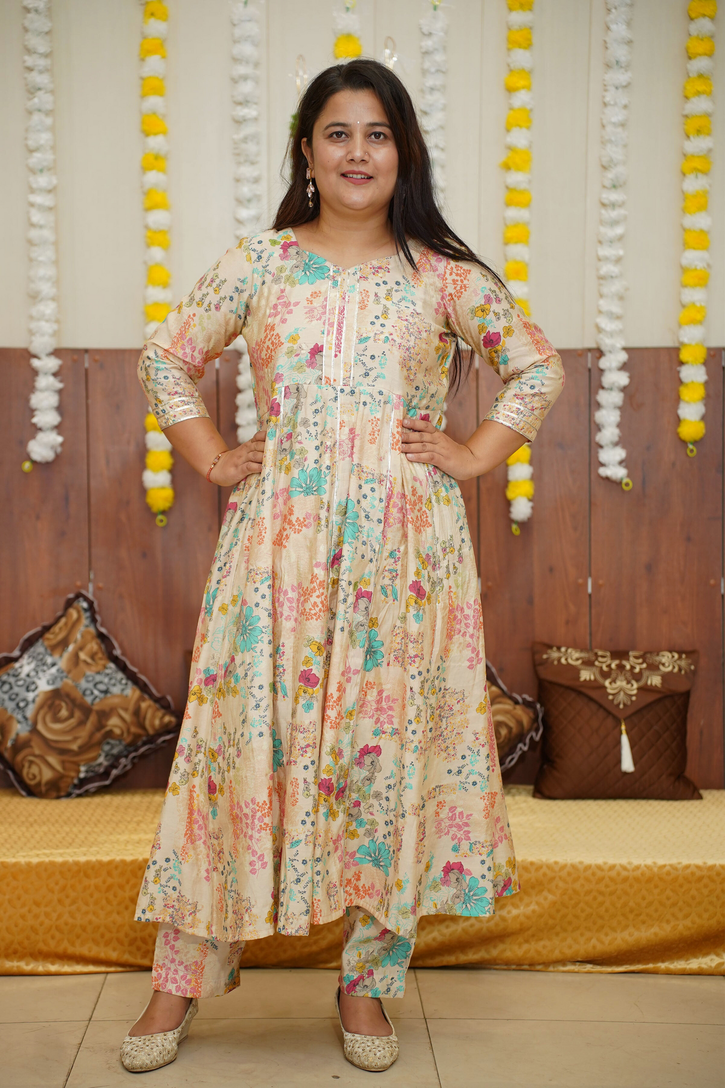 Creamy Rose Foiled Anarkali Set