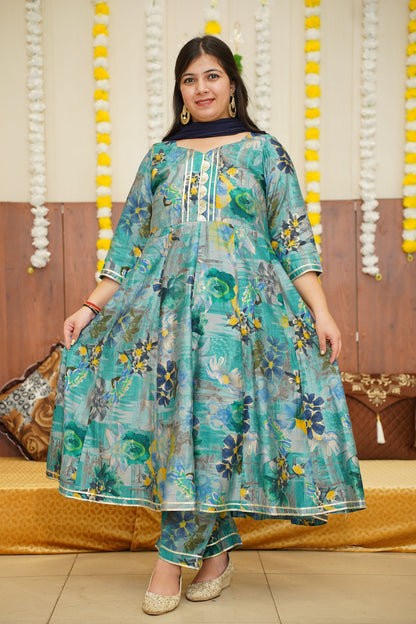 Dusty Blue Floral Anarkali Set