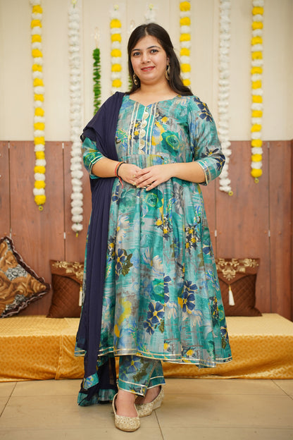 Dusty Blue Floral Anarkali Set