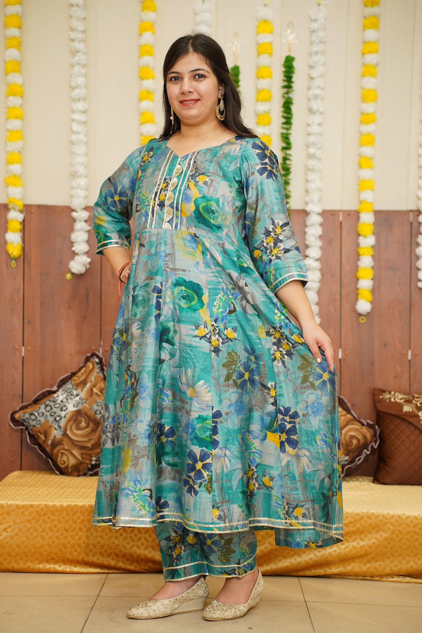 Dusty Blue Floral Anarkali Set