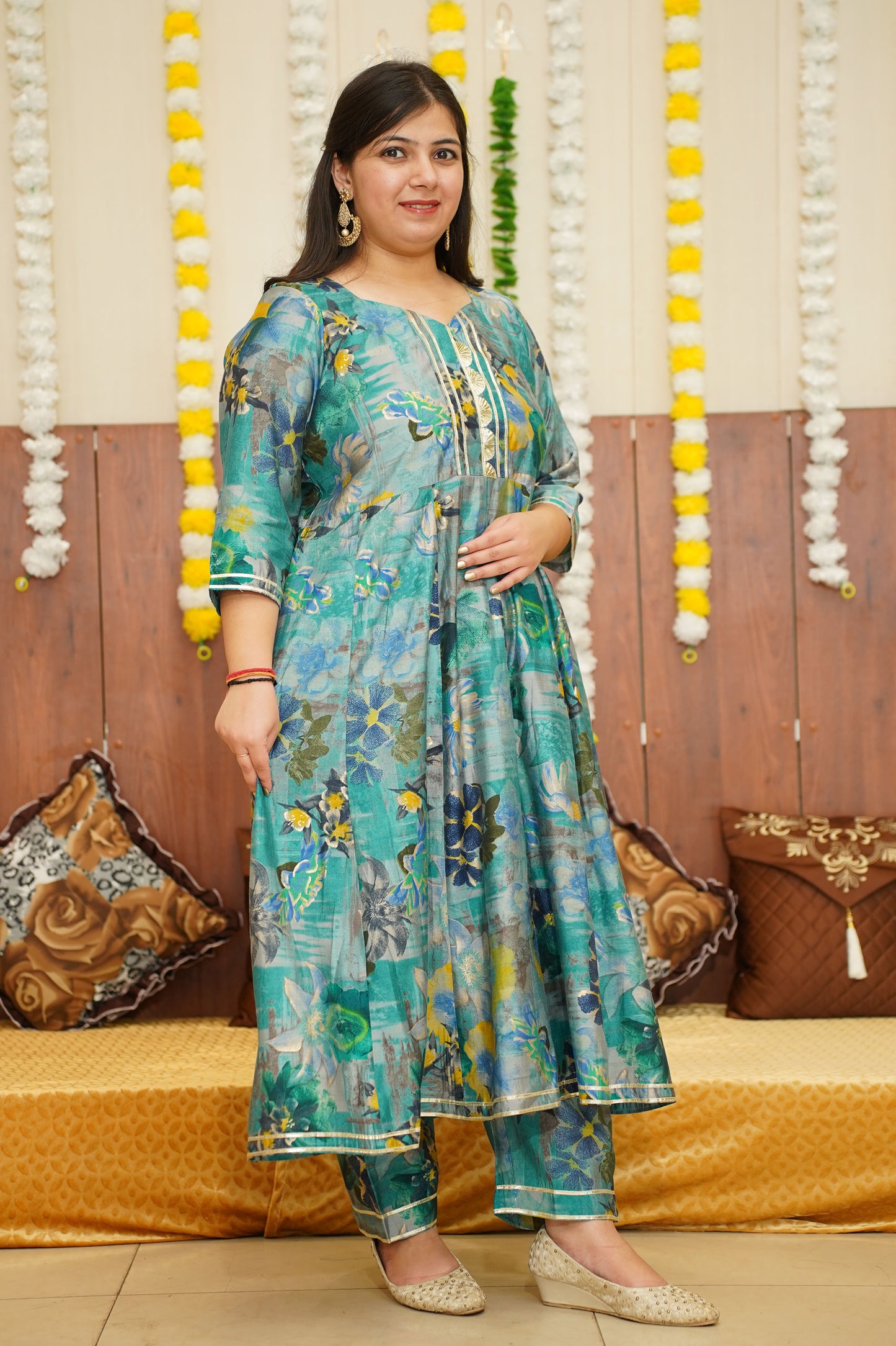 Dusty Blue Floral Anarkali Set