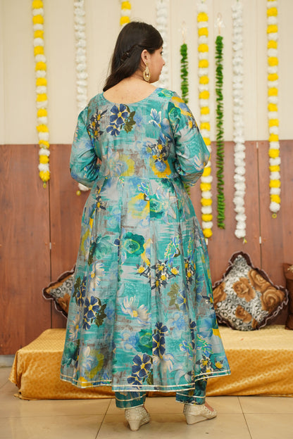 Dusty Blue Floral Anarkali Set