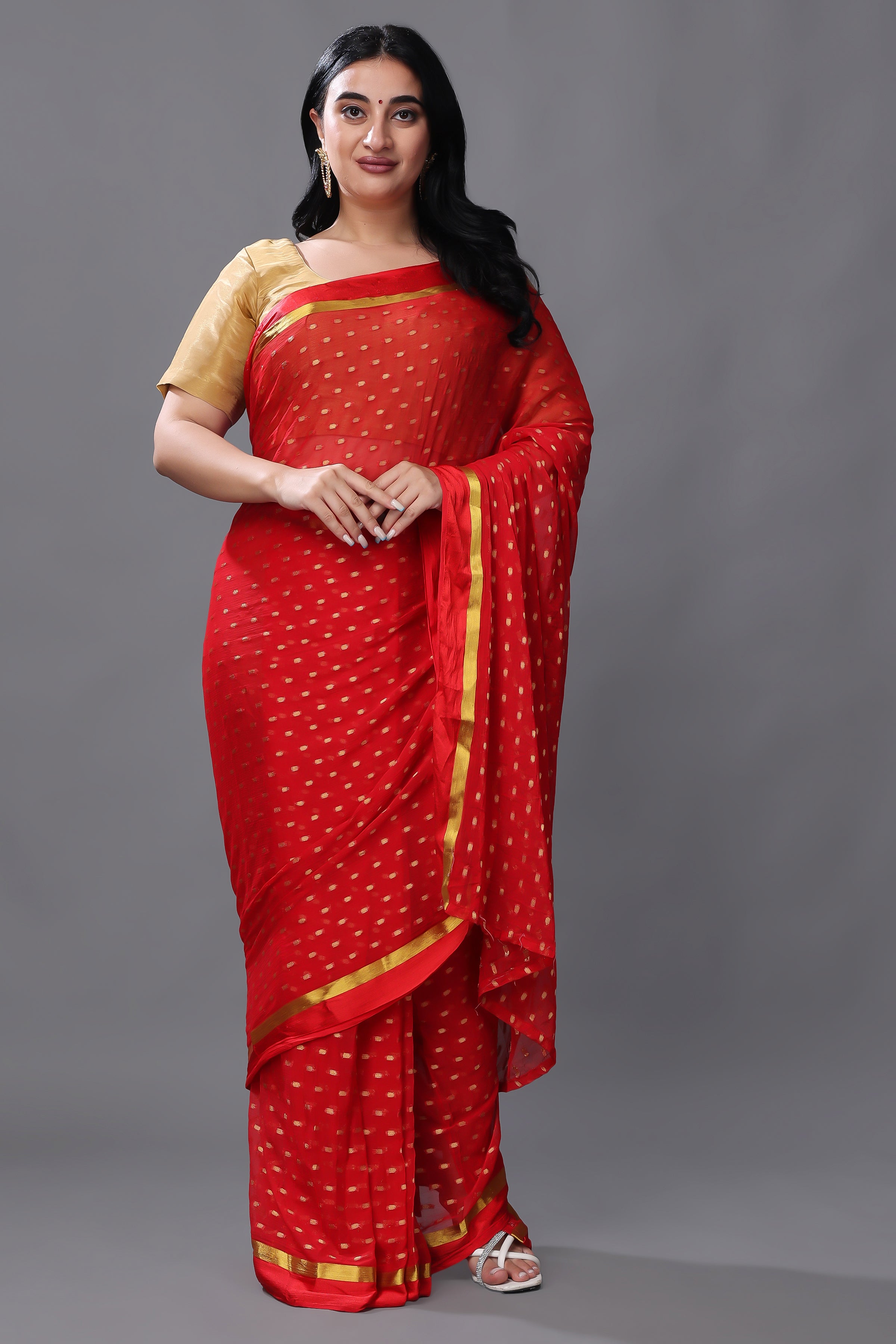 Fiery Gold Zari Tissue Saree with Red Border – kreationbykj