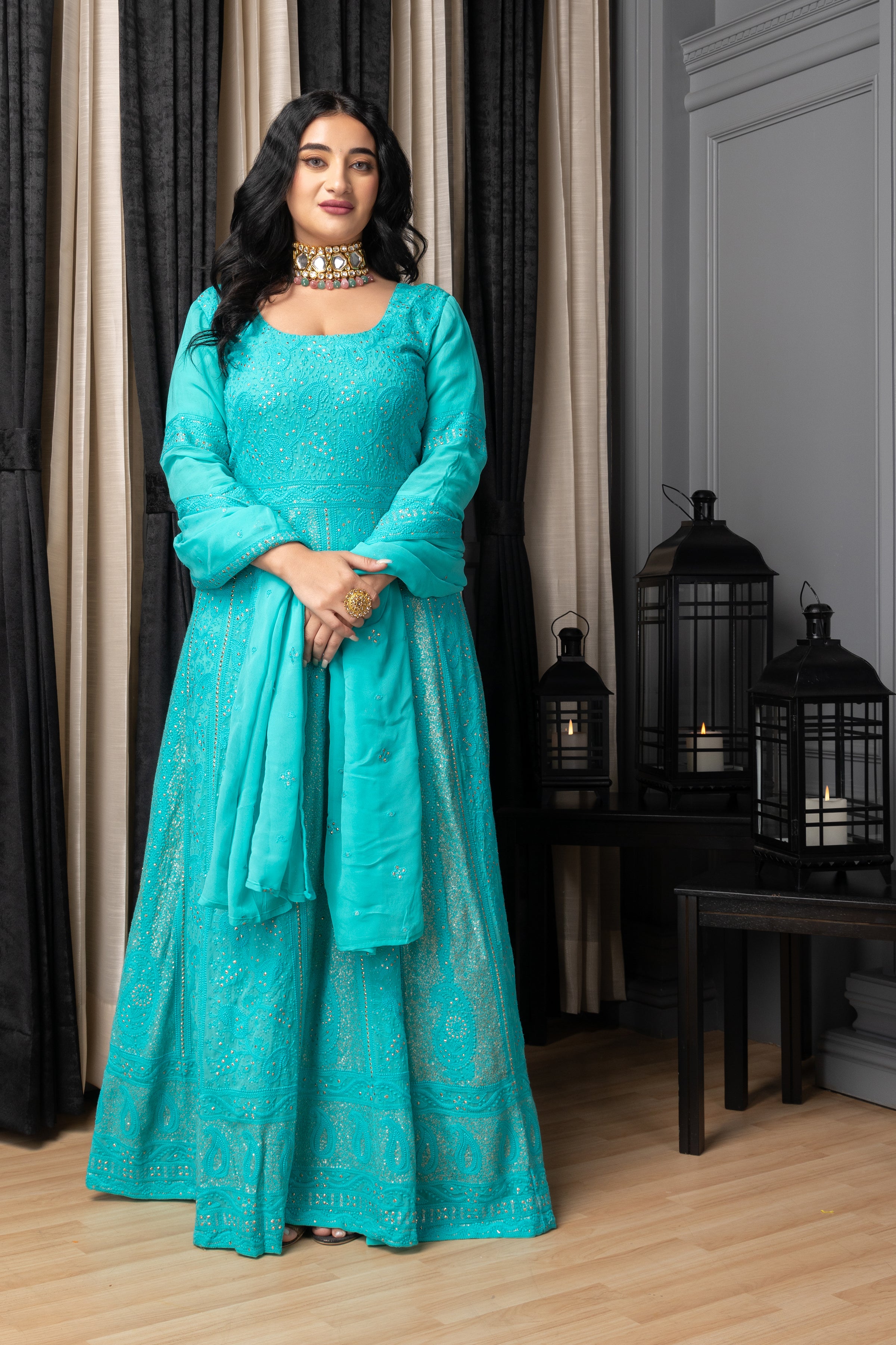 Buy Blue Geometric Print Anarkali Suit Set Online - Ritu Kumar  International Store View