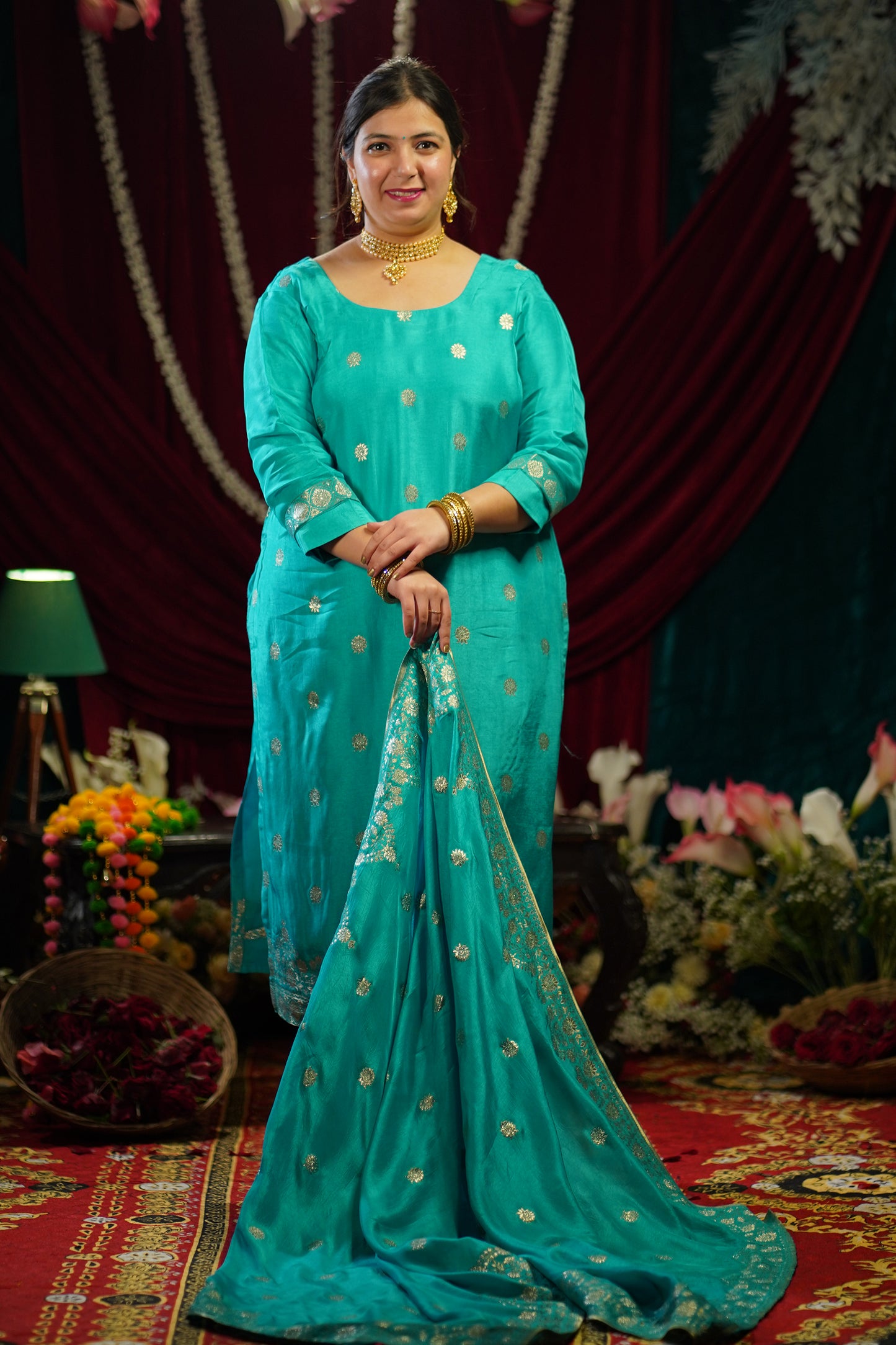 Firozi Festive Jacquard Silk Suit