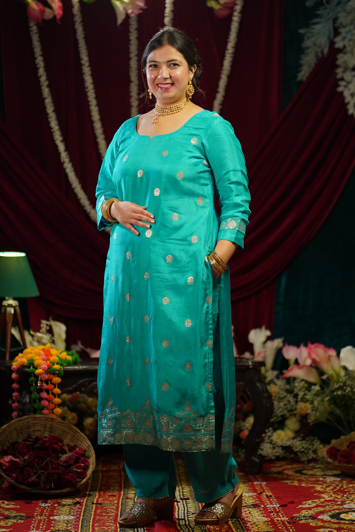 Firozi Festive Jacquard Silk Suit