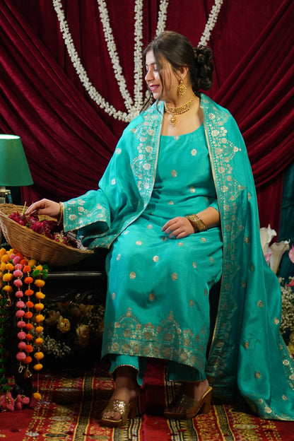 Firozi Festive Jacquard Silk Suit