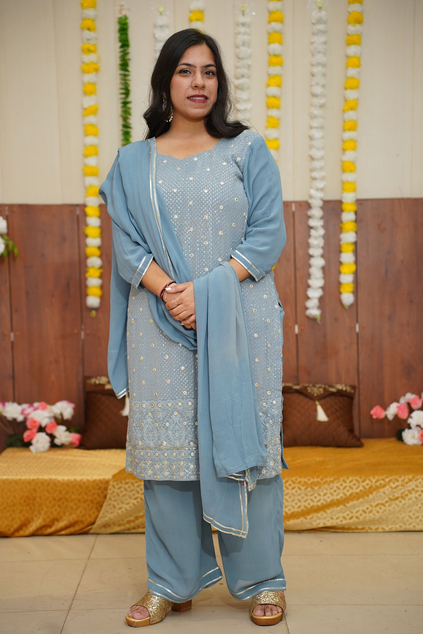 Grey Dewdrop Chikan Fancy Suit