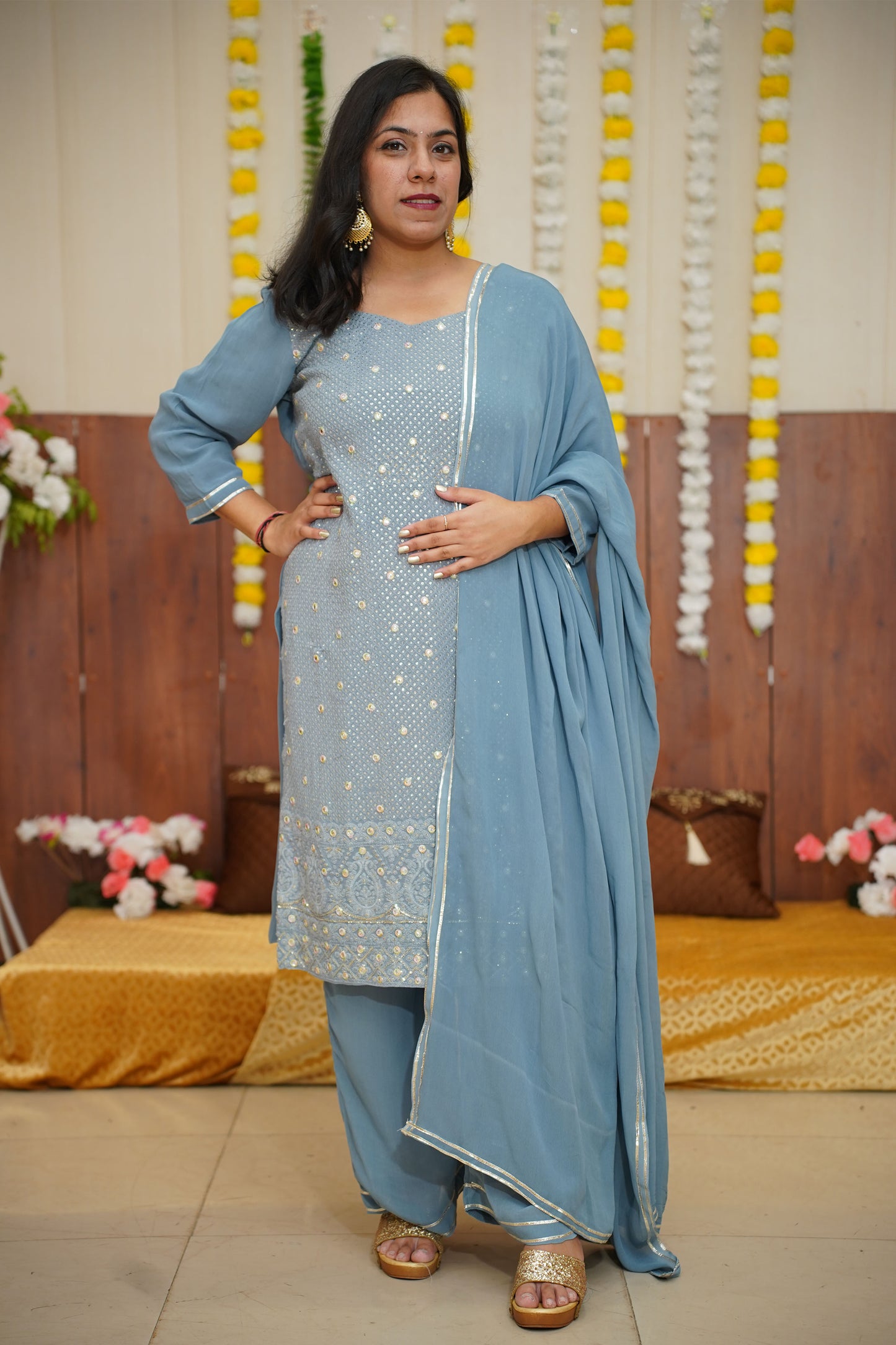 Grey Dewdrop Chikan Fancy Suit