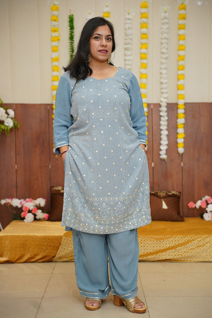 Grey Dewdrop Chikan Fancy Suit