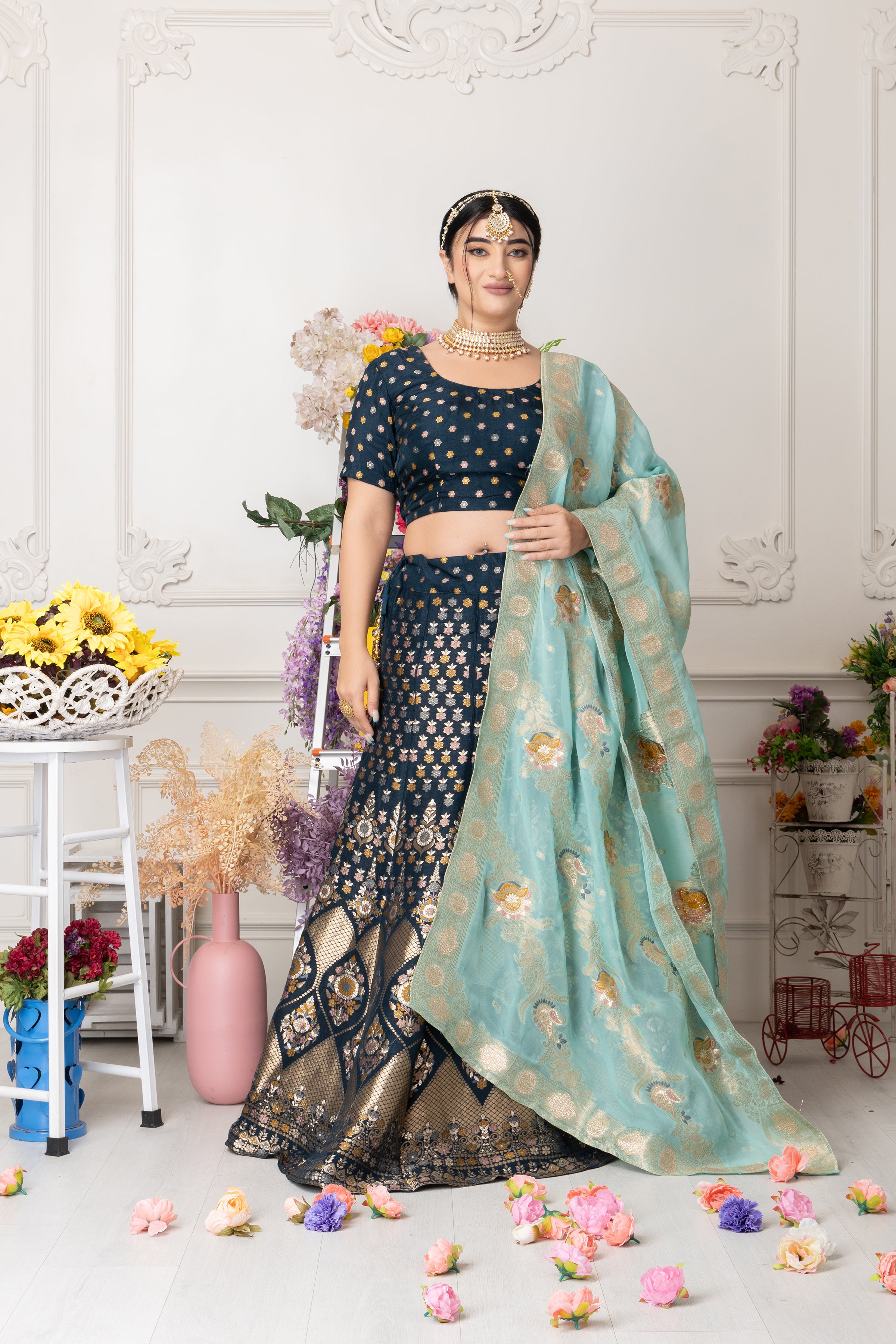 Buy Blue Lehenga & Crop Top Set with Long Cape Sleeve and Embroidery work