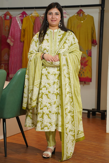 Leaf Green Cotton Anarkali Set