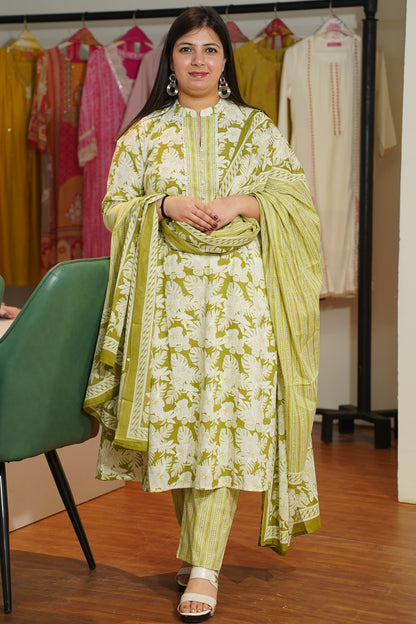 Leaf Green Cotton Anarkali Set