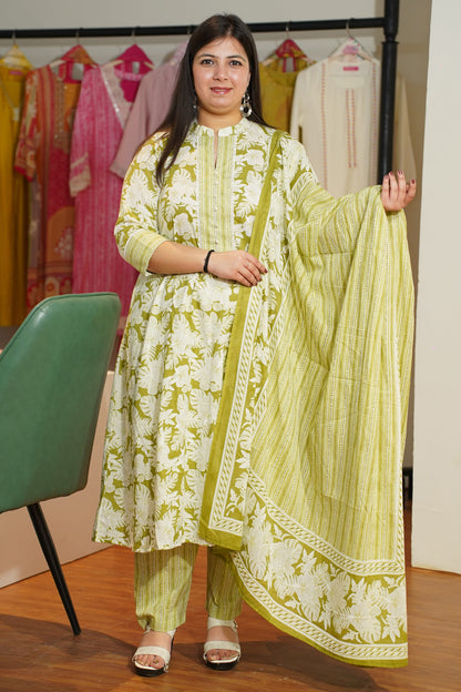 Leaf Green Cotton Anarkali Set