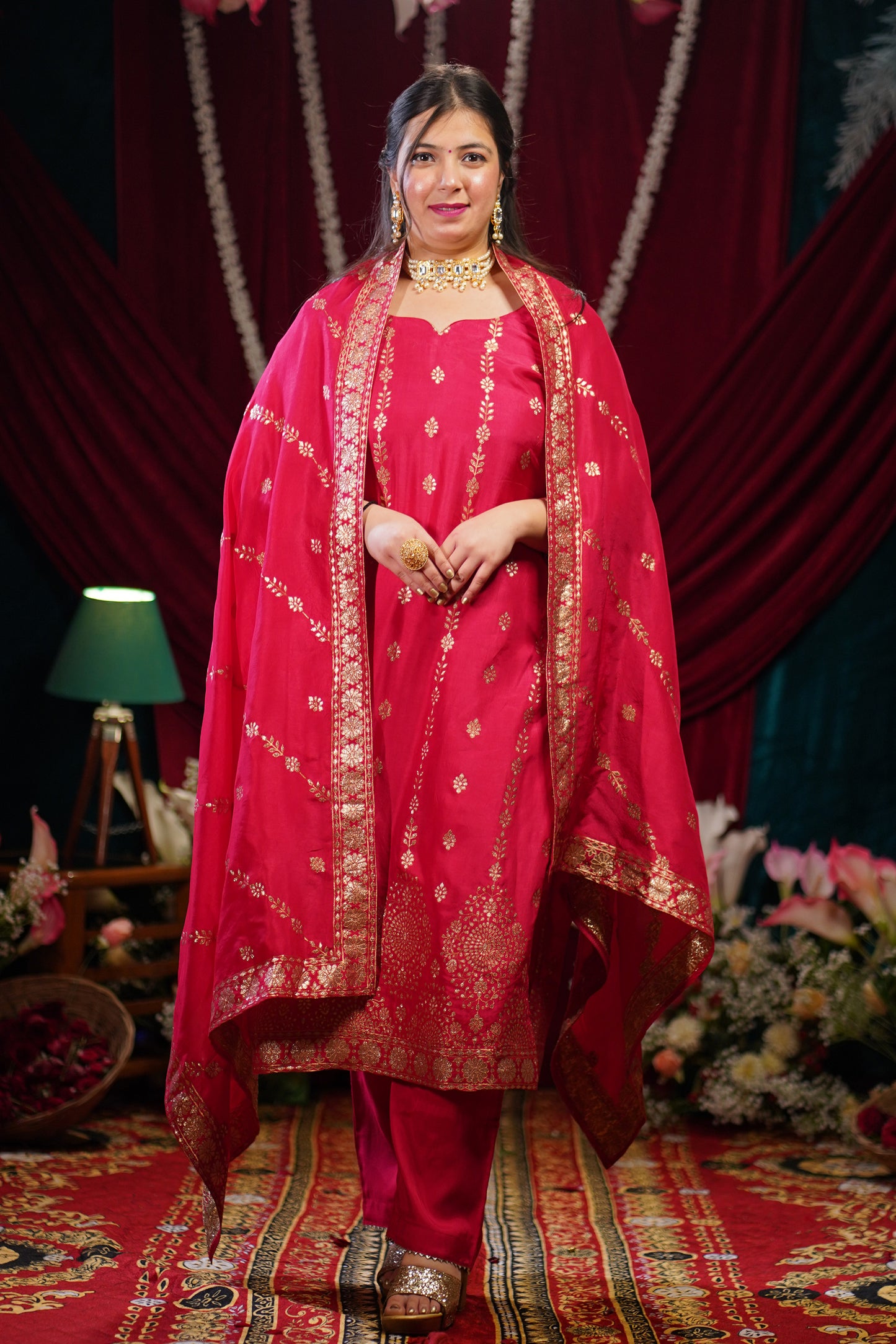 Rosewood Pink Jacquard Silk Suit