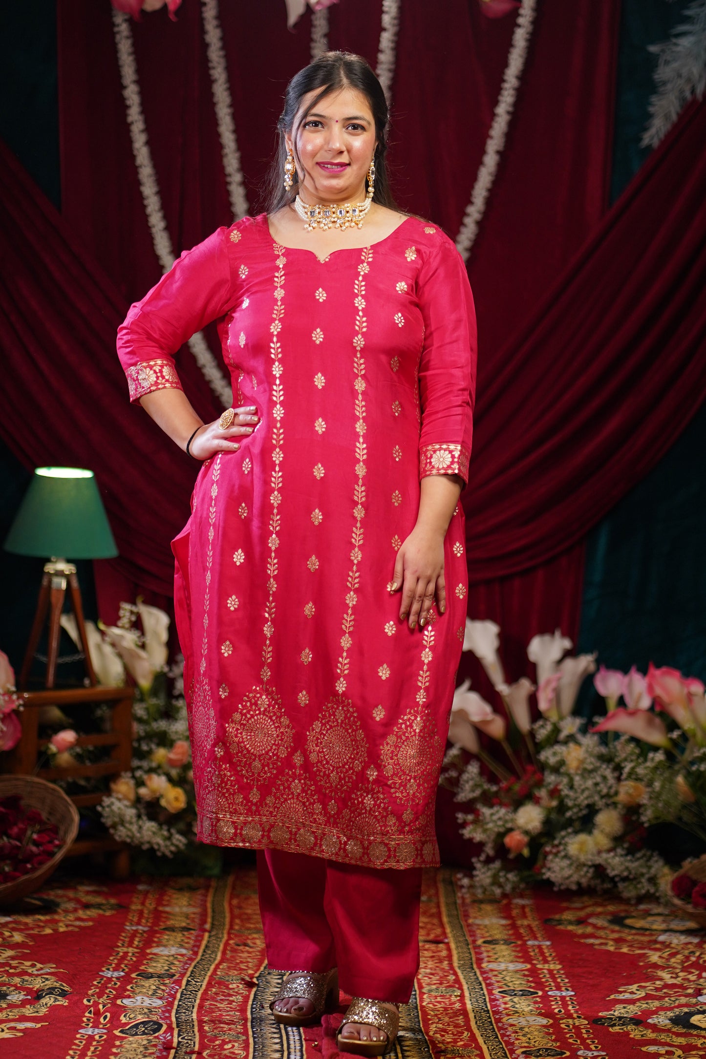 Rosewood Pink Jacquard Silk Suit